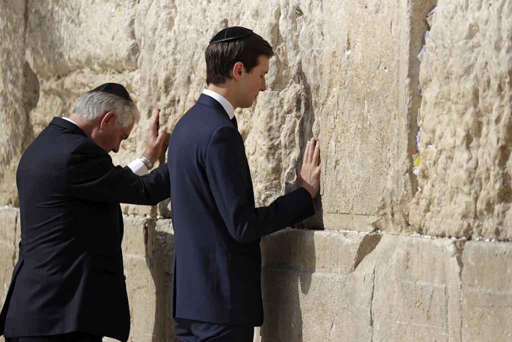 Secretary of State Rex Tillerson and White House senior adviser Jared Kushner visits the Western Wall, Monday, May 22, 2017, in Jerusalem. (AP Photo/Evan Vucci)