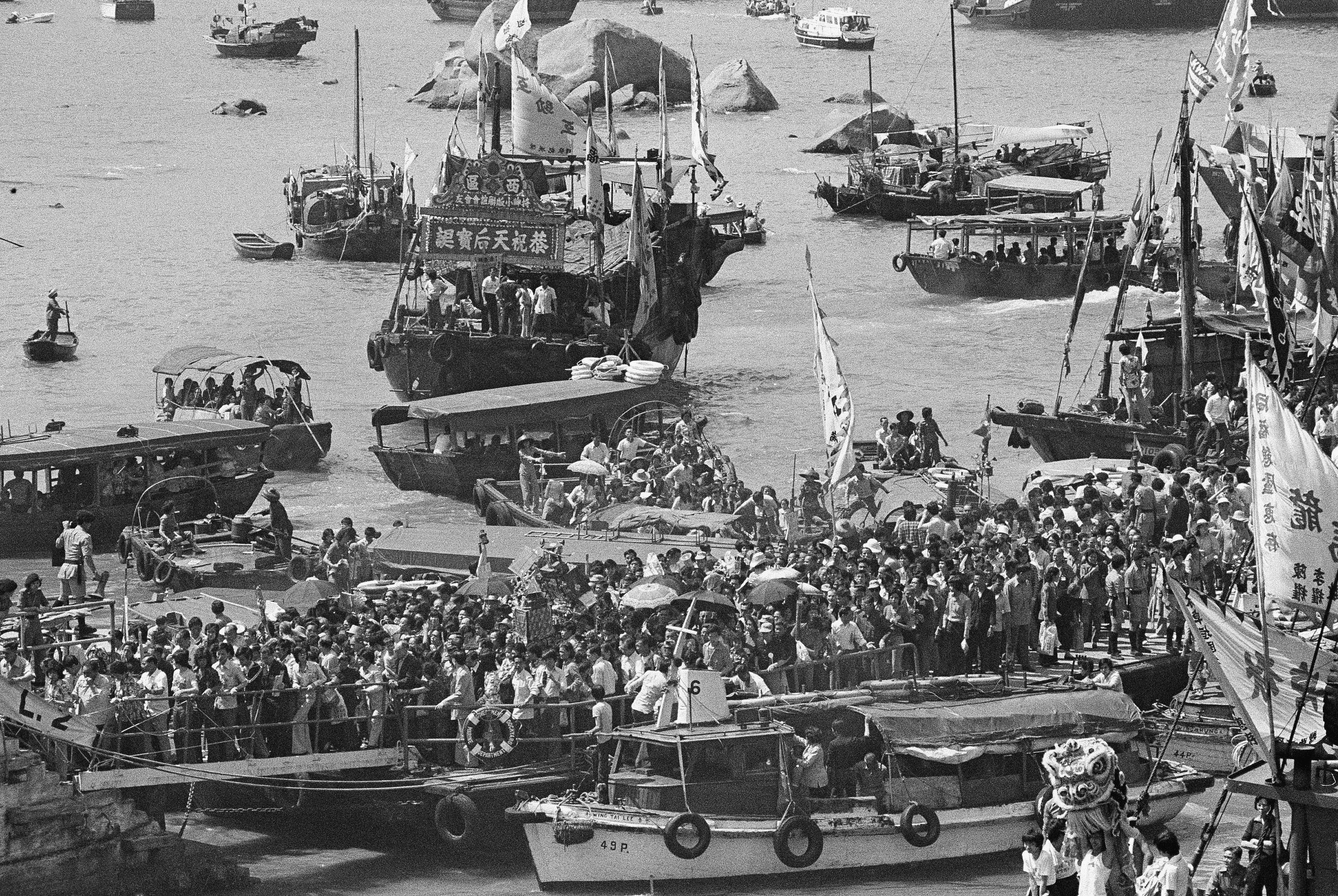 Fishing boats stopped fishing on April 22, 1976 to pay their annual homage to their patron saint,  the goddess of the sea Tin Hua, on "Heavenly Peace." The colorful ceremony is held annually on the 23rd day of the third moon of the Lunar calendar.  (AP Photo)