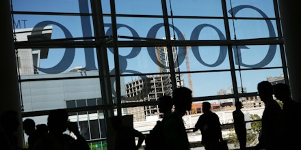 A Google logo is seen through windows of Moscone Center in San Francisco during Google's annual developer conference, Google I/O, in San Francisco on June 28, 2012 in California. AFP PHOTO / Kimihiro Hoshino        (Photo credit should read KIMIHIRO HOSHINO/AFP/GettyImages)