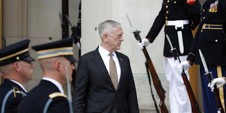 ARLINGTON, VA - July 7: U.S. Secretary of Defense James Mattis awaits the start of a honor cordon welcoming the United Kingdom's Secretary of State for Defence Sir Michael Fallon at the Pentagon July 7, 2017 in Arlington, Virginia. Mattis and Fallon intend to discuss North Korea and the fight against ISIS during their bilateral meeting. (Photo by Aaron P. Bernstein/Getty Images)