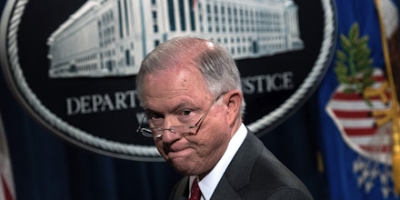 US Attorney General Jeff Sessions speaks at the US Department of Justice during an announcement about leaking of classified information on August 4, 2017 in Washington, DC.US Attorney General Jeff Sessions on Friday condemned the 'staggering number' of leaks emanating from President Donald Trump's administration, as he vowed a crackdown on people revealing classified or sensitive national security information. / AFP PHOTO / Brendan Smialowski (Photo credit should read BRENDAN SMIALOWSKI/AFP/Getty Images)