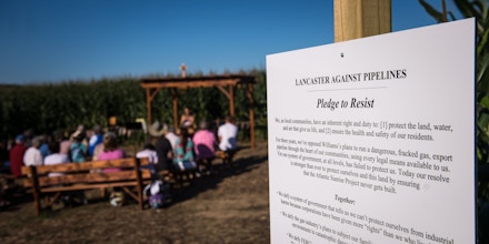 A sign at the entrance to a small chapel built in the path of the proposed Atlantic Sunrise natural gas pipeline by The Adorers of the Blood of Christ, a group of Catholic nuns that support environmental justice, in Columbia, Pennsylvania, July 30, 2017.