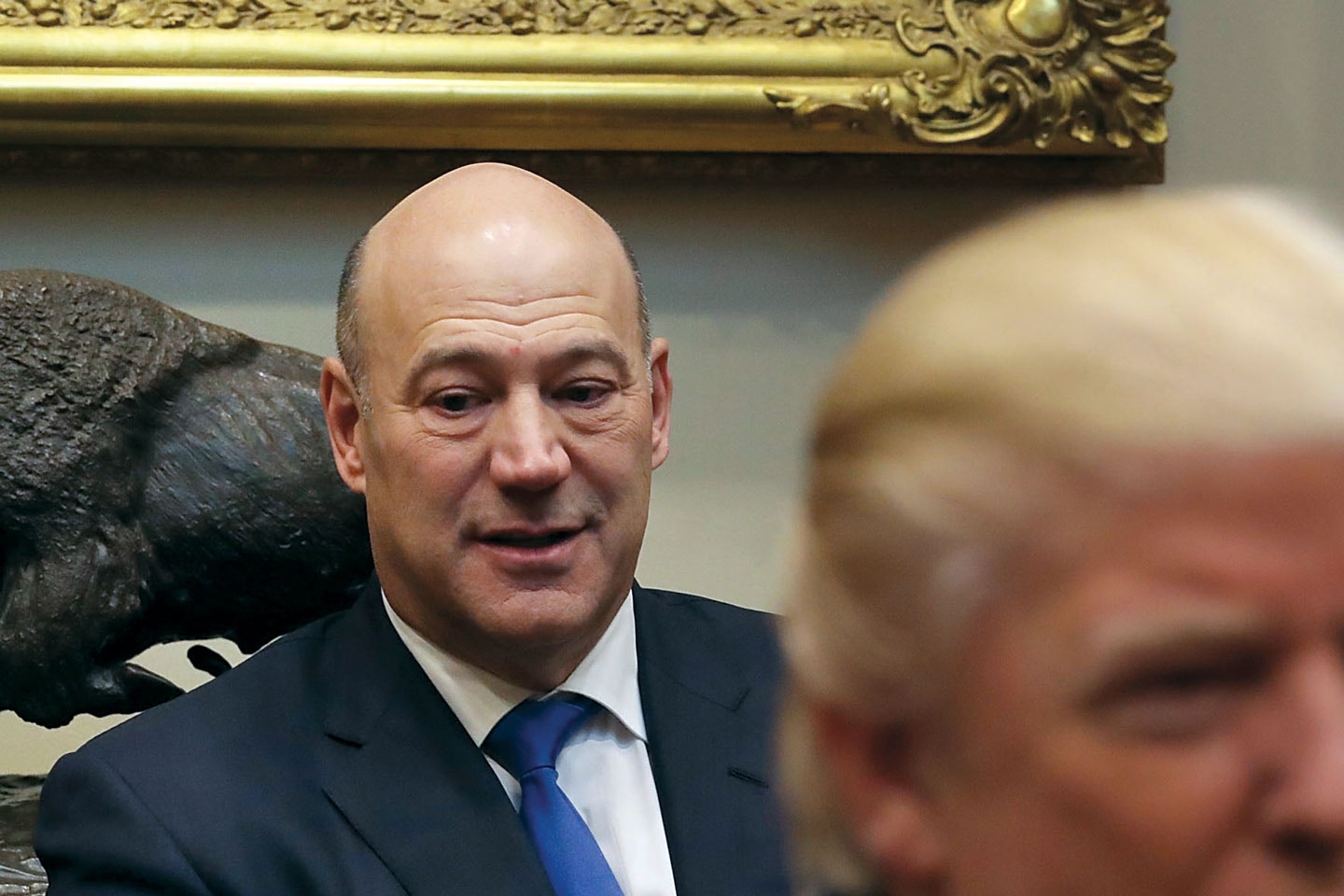 WASHINGTON, DC - JANUARY 23:  Director of the National Economic Council Gary Cohn (L) and Senior Advisor Jared Kushner (R) listen to U.S. President Donald Trump deliver opening remarks during a meeting with business leaders in the Roosevelt Room at the White House January 23, 2017 in Washington, DC. Business leaders included Elon Musk of SpaceX, Mark Sutton of International Paper, Andrew Liveris of Dow Chemical, Mario Longhi of US Steel, Marillyn Hewson of Lockheed Martin, Wendell Weeks of Corning, Alex Gorsky of Johnson & Johnson, Michael Dell of Dell Technologies and others.  (Photo by Chip Somodevilla/Getty Images)