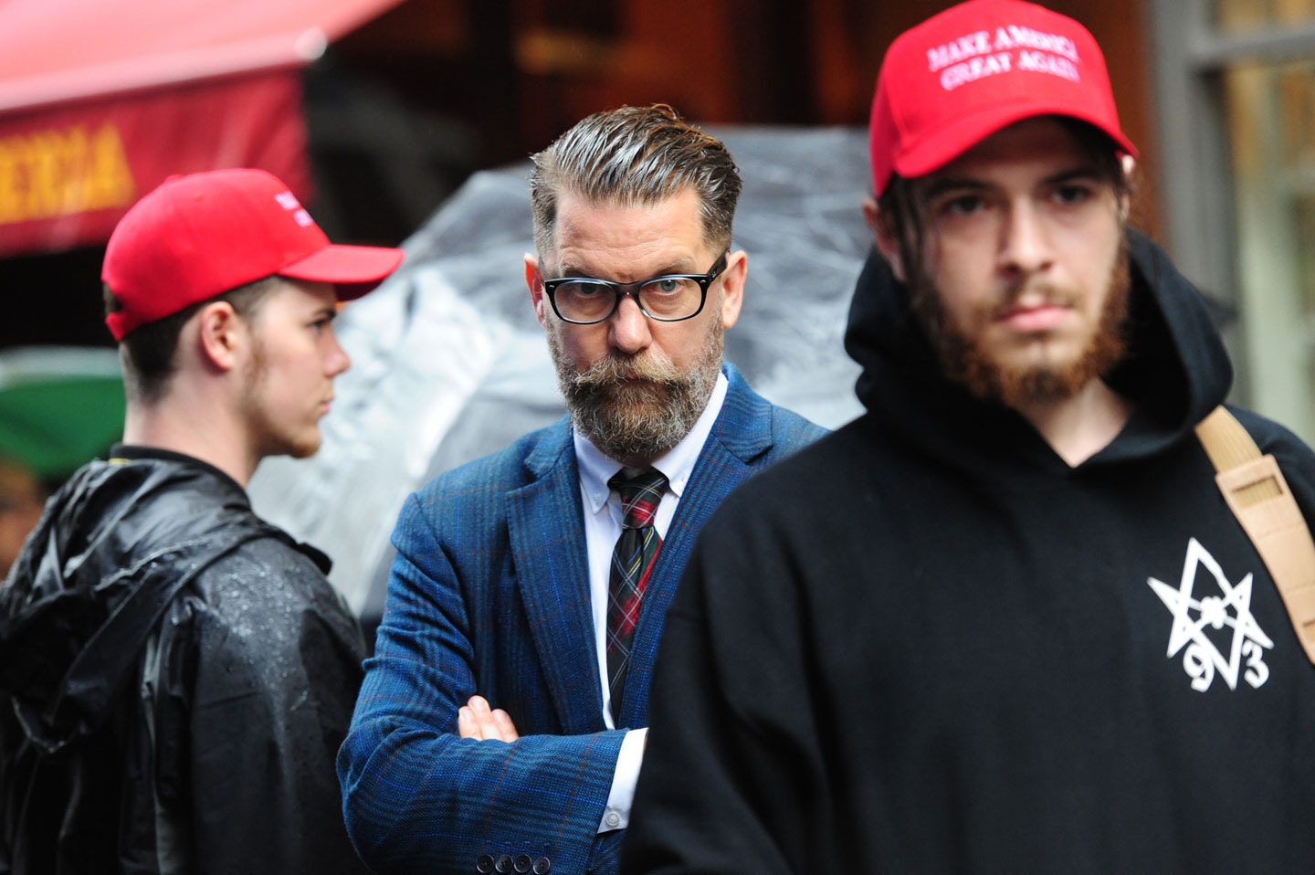 CENTER Gavin McInnes attends rally - Alt-right protestors hold rally in front of CUNY on East 42nd St. and 3rd ave to protest against CUNY's choice of Muslim-American activist Linda Sarsour as commencement speaker on Thursday May 25, 2017 (Photo by Susan Watts/NY Daily News via Getty Images)