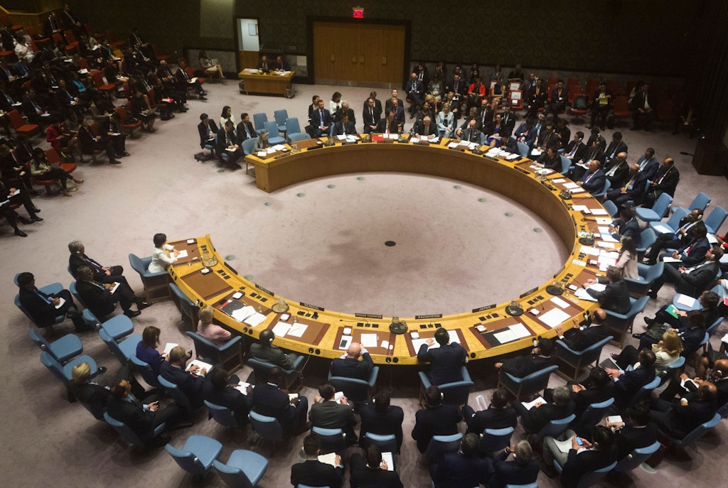 US Secretary of State Rex Tillerson speaks at a UN Security Council meeting on non-proliferation of weapons of mass destruction on September 21, 2017 at the United Nations in New York.<br /><br /> Tillerson joined foreign ministers from China, Russia and Japan at the UN Security Council to discuss the issue and press calls for sanctions against North Korea to be enforced. / AFP PHOTO / DON EMMERT        (Photo credit should read DON EMMERT/AFP/Getty Images)