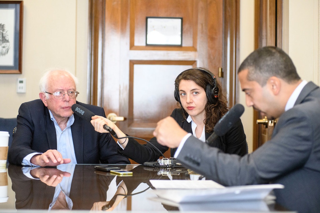 Washington, D.C. - September 20, 2017: U.S. Senator Bernie Sanders, left, is interviewed by Mehdi Hasan, right, about his foreign policy views in his office at the Dirksen Senate Building in Washington D.C. Wednesday, Sept. 20, 2017. Sound engineer Rachael London, middle, records the interview.CREDIT: Matt Roth for the Intercept