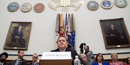 Admiral Mike Rogers, Director of the National Security Agency (NSA), testifies about the Fiscal Year 2018 budget request for US Cyber Command during a House Armed Services Committee hearing on Capitol Hill in Washington, DC, May 23, 2017. / AFP PHOTO / SAUL LOEB        (Photo credit should read SAUL LOEB/AFP/Getty Images)