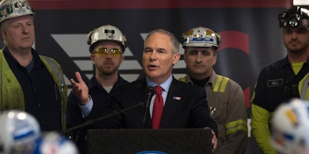 SYCAMORE, PA - APRIL 13:  U.S. Environmental Protection Agency Administrator Scott Pruitt speaks with coal miners at the Harvey Mine on April 13, 2017  Sycamore, Pennsylvania. The Harvey Mine, owned by CNX Coal Resources, is part of the largest underground mining complex in the United States.  (Photo by Justin Merriman/Getty Images)