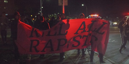 Protesters marched on the sidewalks to  Coney Island to protest the rape of Anna Chambers by the NYPD in New York, US, on 17 October 2017.  (Photo by Shay Horse/NurPhoto via Getty Images)