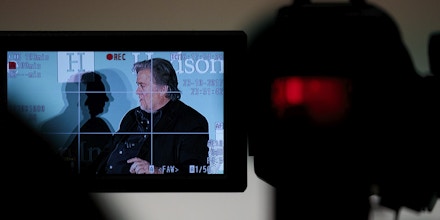 WASHINGTON, DC - OCTOBER 23: Displayed on a video camera monitor, Steve Bannon, former White House chief strategist and chairman of Breitbart News, speaks during a discussion on countering violent extremism, at the Ronald Reagan Building and International Trade Center, October 23, 2017 in Washington, DC. The program was focused on issues of extremism in the Middle East, including Qatar, Iran and the Muslim Brotherhood. (Photo by Drew Angerer/Getty Images)
