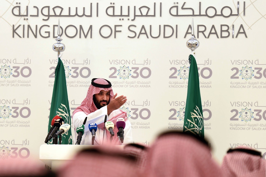 Saudi Defense Minister and Deputy Crown Prince Mohammed bin Salman gives a press conference in Riyadh, on April 25, 2016.The key figure behind the unveiling of a vast plan to restructure the kingdom's oil-dependent economy, the son of King Salman has risen to among Saudi Arabia's most influential figures since being named second-in-line to the throne in 2015. Salman announced his economic reform plan known as "Vision 2030". / AFP / FAYEZ NURELDINE (Photo credit should read FAYEZ NURELDINE/AFP/Getty Images)