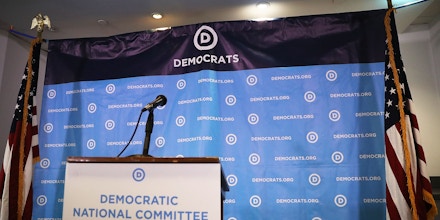 WASHINGTON, DC - JULY 19: A backdrop is seen before the arrival of Rep. Joaquin Castro, (D-TX), Rep. Terri Sewell (D-AL), California Secretary of State Alex Padilla, Jason Kander, president of Let America Vote, and DNC Vice Chair Michael Blake for a press conference at the Democratic National Headquarters on July 19, 2017 in Washington, DC.  The news conference was held 