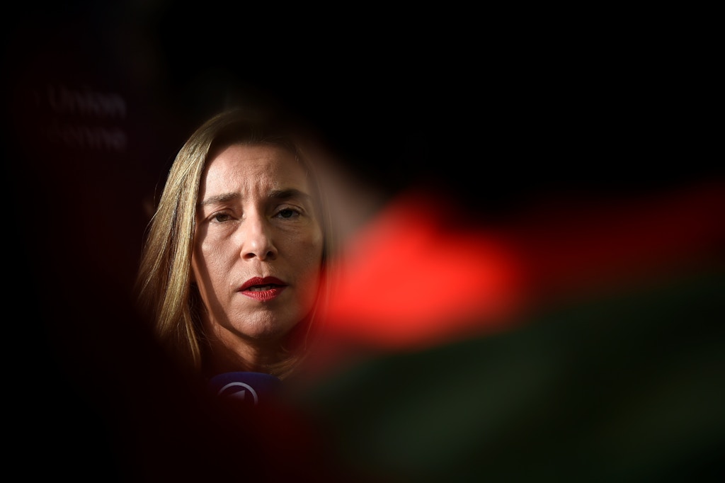 High Representative of the Union for Foreign Affairs and Security PolicyFederica Mogherini answers journalists' questions as she arrives for a Foreign Affairs meeting in Luxembourg on October 16, 2017.  / AFP PHOTO / JOHN THYS        (Photo credit should read JOHN THYS/AFP/Getty Images)