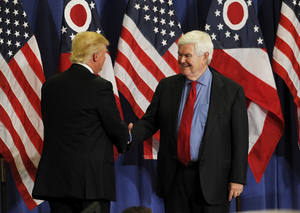 CINCINNATI, OH- JULY 6: Former Speaker of the House Newt Gingrich (R) shakes hands with Republican Presidential candidate Donald Trump during a rally at the Sharonville Convention Center July 6, 2016, in Cincinnati, Ohio. Trump is campaigning  in Ohio ahead of the Republican National Convention in Cleveland next week.     (Photo by John Sommers II/Getty Images)