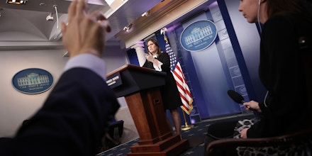 WASHINGTON, DC - DECEMBER 05:  White House press secretary Sarah Huckabee Sanders answers questions during the daily briefing at the White House on December 5, 2017 in Washington, DC. Sanders answered a range of questions related including moving the U.S. embassy in Israel to Jerusalem and the Alabama U.S Senate race featuring Roy Moore.  (Photo by Win McNamee/Getty Images)