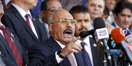 Yemen's ex-president Ali Abdullah Saleh gives a speech addressing his supporters during a rally as his political party, the General People's Congress, marks 35 years since its founding, at Sabaeen Square in the capital Sanaa on August 24, 2017. The rally comes amid reports that armed supporters of Saleh and the head of the country's Huthi rebels, who have been allied against the Saudi-backed government since 2014, had spread throughout the capital as tensions are rising between the two sides. / AFP PHOTO / MOHAMMED HUWAIS (Photo credit should read MOHAMMED HUWAIS/AFP/Getty Images)