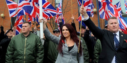 Jayda Fransen and Paul Goulding Britain First Rally, London, UK - 04 Nov 2017 'Britain First' holds a rally in support of their leaders Paul Goulding and Jayda Fransen, who have to sign in at Bromley Police Station as part of their bail conditions. (Rex Features via AP Images)