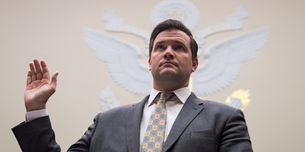 WASHINGTON, DC - OCTOBER 26: Scott Lloyd, director of the Office of Refugee Resettlement at the U.S. Department of Health and Human Services, is sworn-in during a House Judiciary Committee hearing concerning the oversight of the U.S. refugee admissions program, on Capitol Hill, October 26, 2017 in Washington, DC. The Trump administration is expected to set the fiscal year 2018 refugee ceiling at 45,000, down from the previous ceiling at 50,000. It would be the lowest refugee ceiling since Congress passed the Refugee Act of 1980. (Photo by Drew Angerer/Getty Images)