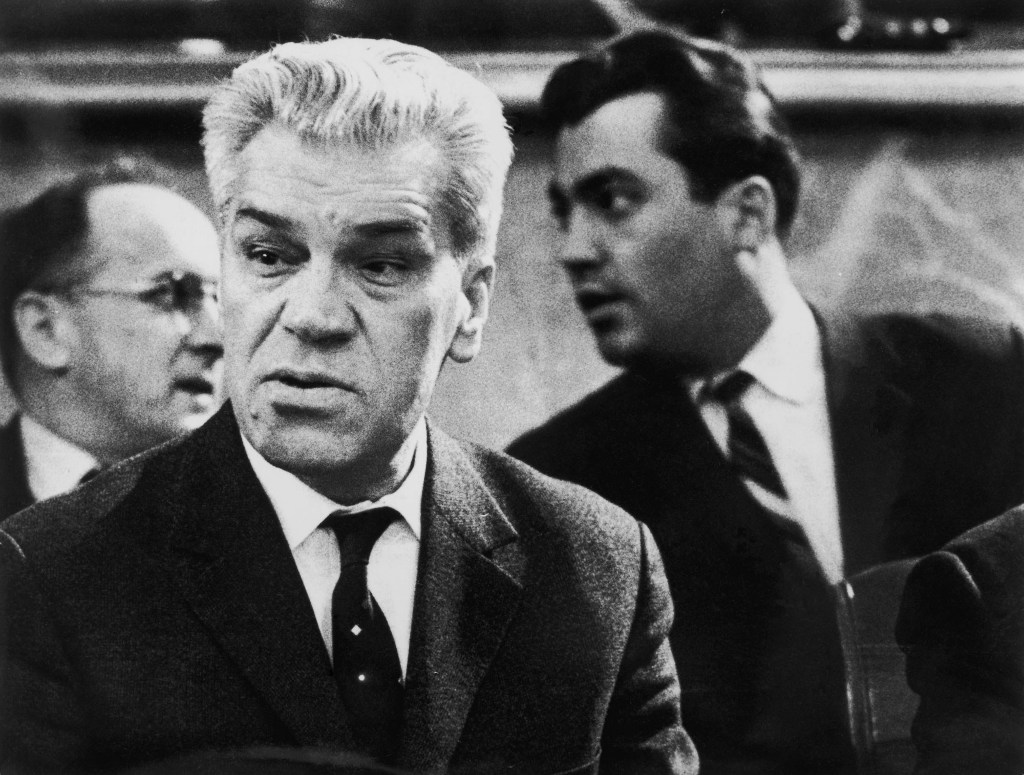 Chief Soviet delegate Semyon Tsarapkin (centre) and colleague Yuri Nosenko (1927 - 2008, right) at the Geneva Disarmament Conference, February 1964. A few days later Nosenko, a Lieutenant Colonel in the KGB, disappeared and later defected to the US.  (Photo by Central Press/Hulton Archive/Getty Images)
