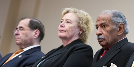 UNITED STATES - MAY 08:  From left, Reps. Jerry Nadler, D-N.Y., Zoe Lofgren, D-Calif., John Conyers, D-Mich., Mike Quigley, D-Ill., and Shelia Jackson Lee, D-Texas, attend a news conference in Rayburn with democratic members of the House Judiciary Committee to express opposition to House Republicans alternative Violence Against Women Act Reauthorization bill.  (Photo By Tom Williams/CQ Roll Call) (CQ Roll Call via AP Images)