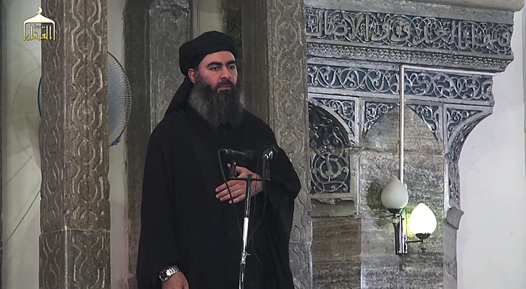 File photo : The leader of the militant Islamic State (ISIS), Abu Bakr al-Baghdadi has made what would be his first public appearance at a mosque in the centre of Iraq's second city Mosul, according to a video recording posted on the Internet on July 5, 2014, in this still image taken from video. There had previously been reports on social media that Abu Bakr al-Baghdadi would make his first public appearance since his Islamic State in Iraq and the Levant (ISIS) changed its name to the Islamic State and declared him caliph. The Iraqi government denied that the video, which carried Friday's date, was credible. It was also not possible to immediately confirm the authenticity of the recording or the date when it was made. Mosul. Iraq. 05/07/2014 ©SALAMPIX(Sipa via AP Images)