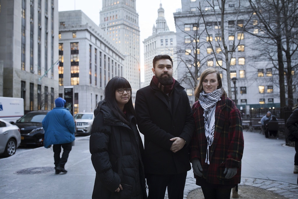 Fordham University students, Sofia Dadap, Ahmad Awad, and Julie Norris outside the Manhattan Civil Courthouse in New York City, on Jan. 3, 2018. They have filed a case against the university in an ongoing effort to have their club, Students for Justice in Palestine (SJP), recognized.