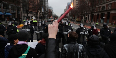 Police and demonstrators clash in downtown Washington D.C. following the inauguration of President Donald J. Trump on January 20, 2017 in Washington, DC. 