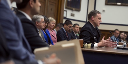 Admiral Mike Rogers, Director of the National Security Agency (NSA), testifies about the Fiscal Year 2018 budget request for US Cyber Command during a House Armed Services Committee hearing on Capitol Hill in Washington, DC, May 23, 2017. / AFP PHOTO / SAUL LOEB        (Photo credit should read SAUL LOEB/AFP/Getty Images)