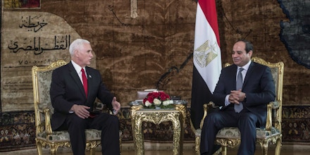 Egyptian President Abdel Fattah al-Sisi (R) meets with US Vice President Mike Pence (L) at the Presidential Palace in the capital Cairo on January 20, 2018. Pence arrived in Egypt to begin a delayed Middle East tour overshadowed by anger in the Arab world over Washington's recognition of Jerusalem as Israel's capital. / AFP PHOTO / POOL / KHALED DESOUKI (Photo credit should read KHALED DESOUKI/AFP/Getty Images)