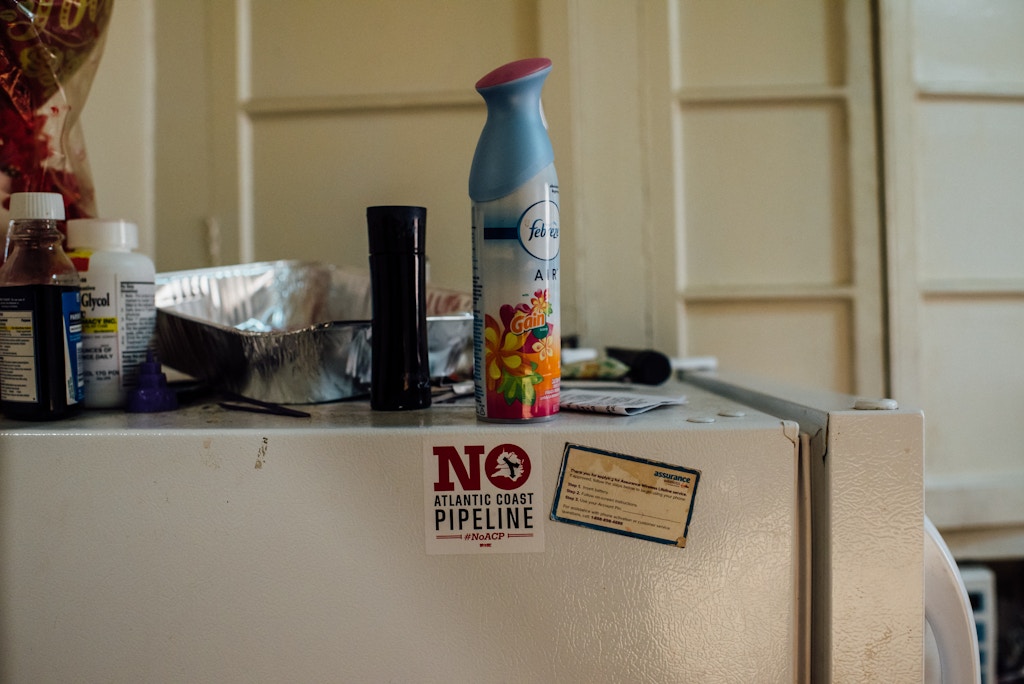 A "No Atlantic Coast pipeline" sticker at Rachel River's home in East New York, Brooklyn. Ms. River became a climate activist after Superstorm Sandy destroyed her home in Bedstuy.