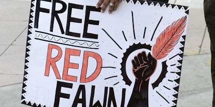 Protester Danielle Giagnoli carries a sign to free Red Fawn Fallis as she stands among a small group of protesters gathered for the 