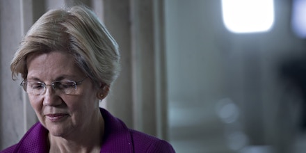Senator Elizabeth Warren, a Democrat from Massachusetts, waits to participate in a television interview in the Russell Senate Office building rotunda in Washington, D.C., U.S., on Wednesday, Feb. 8, 2017. Warren was reading from a 1986 letter attacking Sessions by Coretta Scott King late Tuesday when Republicans invoked a little-used rule to prevent her from continuing. Warren quickly posted a Facebook video with her reading the letter outside the Senate chamber late Tuesday night that drew more than 6.5 million views by midmorning. Photographer: Andrew Harrer/Bloomberg via Getty Images