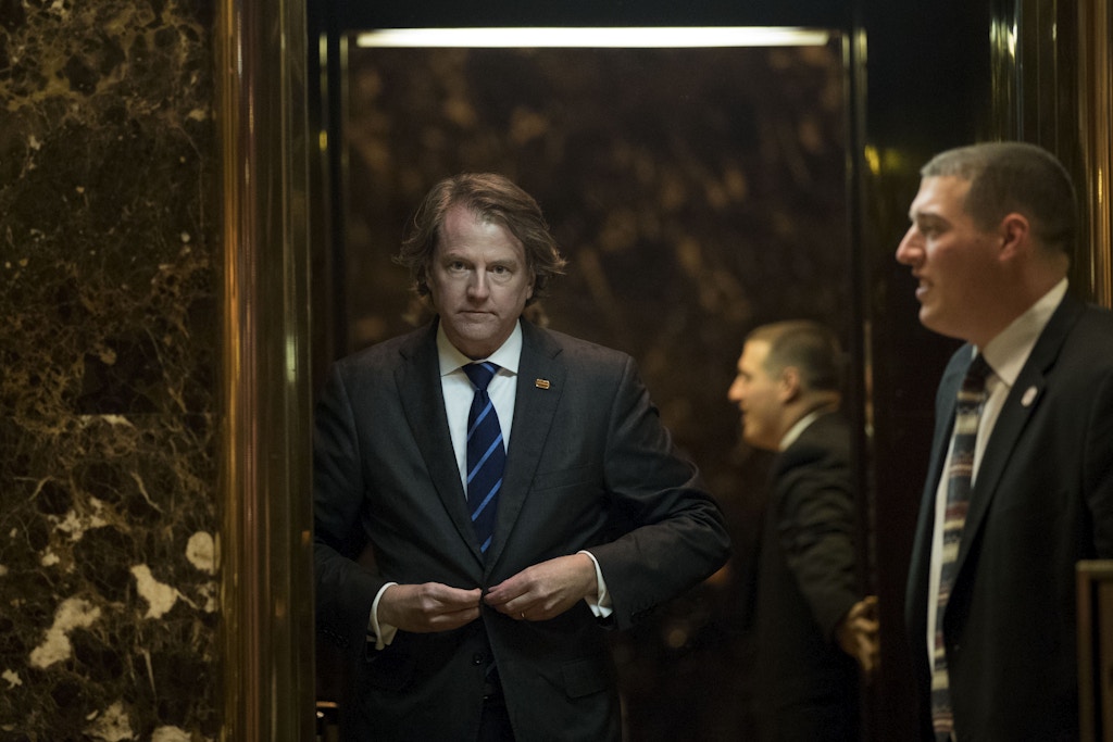 NEW YORK, NY - NOVEMBER 15: Don McGahn, general counsel for the Trump transition team, gets into an elevator in the lobby at Trump Tower, November 15, 2016 in New York City. President-elect Donald Trump is in the process of choosing his presidential cabinet as he transitions from a candidate to the president-elect. (Photo by Drew Angerer/Getty Images)