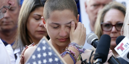 Marjory Stoneman Douglas High School student Emma Gonzalez speaks at a rally for gun control at the Broward County Federal Courthouse in Fort Lauderdale, Florida on February 17, 2018. A former student, Nikolas Cruz, opened fire at the high school leaving 17 people dead and 15 injured on February 14. / AFP PHOTO / RHONA WISE (Photo credit should read RHONA WISE/AFP/Getty Images)