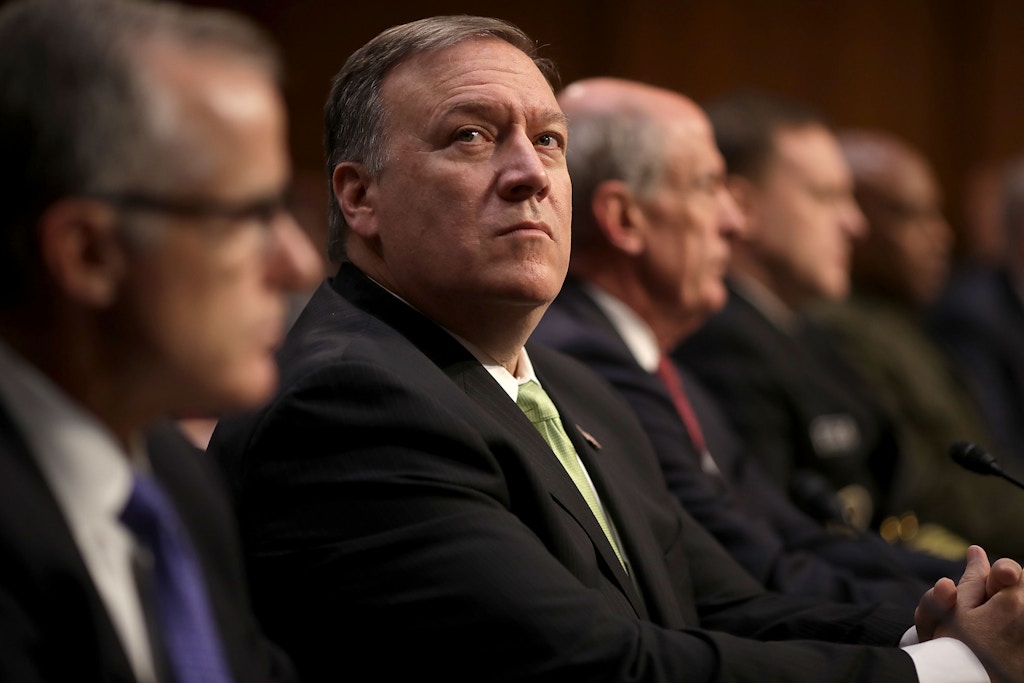 WASHINGTON, DC - MAY 11:  The heads of the United States intelligence agencies, including Central IntelligenceÊAgency Director Mike Pompeo (C) testifiy before the Senate Intelligence Committee in the Hart Senate Office Building on Capitol Hill May 11, 2017 in Washington, DC. The intelligence officials were questioned by the committee during the annual hearing about world wide threats to United States' security.  (Photo by Chip Somodevilla/Getty Images)