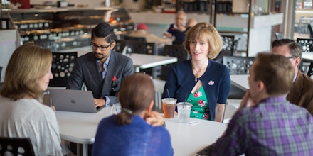 HOUSTON, TX -- MAY 22, 2017: Laura Moser, center, meeting various peopel inetrsted in Democratic politics for morning coffee in Houston, Monday May 22, 2017.  Moser is returning to Houston from Washington where her husband worked for the Obama Whitehouse, and is starting her effort to run for the 7th Congressional District in Texas currently occupied by Republican John Culberson. (Photo by Michael Stravato/For the Washington Post)