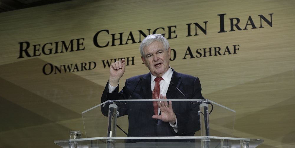 Newt Gingrich, Auvers sur Oise, France 19/01/2018 - Maryam Rajavi and Newt Gingrich in a conference on January 19, 2018 in the office of NCRI, Auvers sur Oise, north of Paris speaks to support the uprising of the Iranian people for regime change. Newt Gingrich, Former Speaker of the United States House of Representatives said this is the opportunity that Iranian diaspora and people inside Iran have to get rid of this dictatorship. Rom/TME/SIPA (Sipa via AP Images)