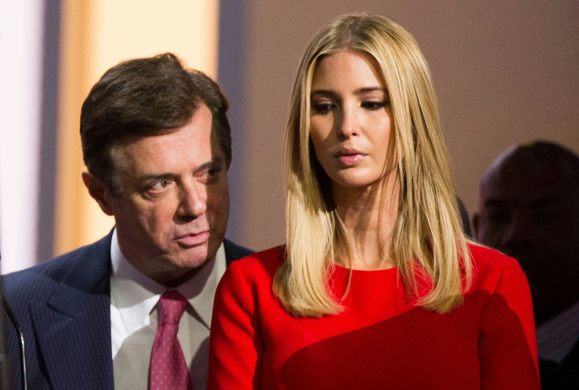 CLEVELAND, OH - JULY 21:  Trump campaign chairman Paul Manafort speaks to Ivanka Trump, daughter of Republican nominee Donald Trump at the Republican Convention, July 21, 2016 at the Quicken Loans Arena in Cleveland, Ohio. (Photo by Brooks Kraft/ Getty Images)