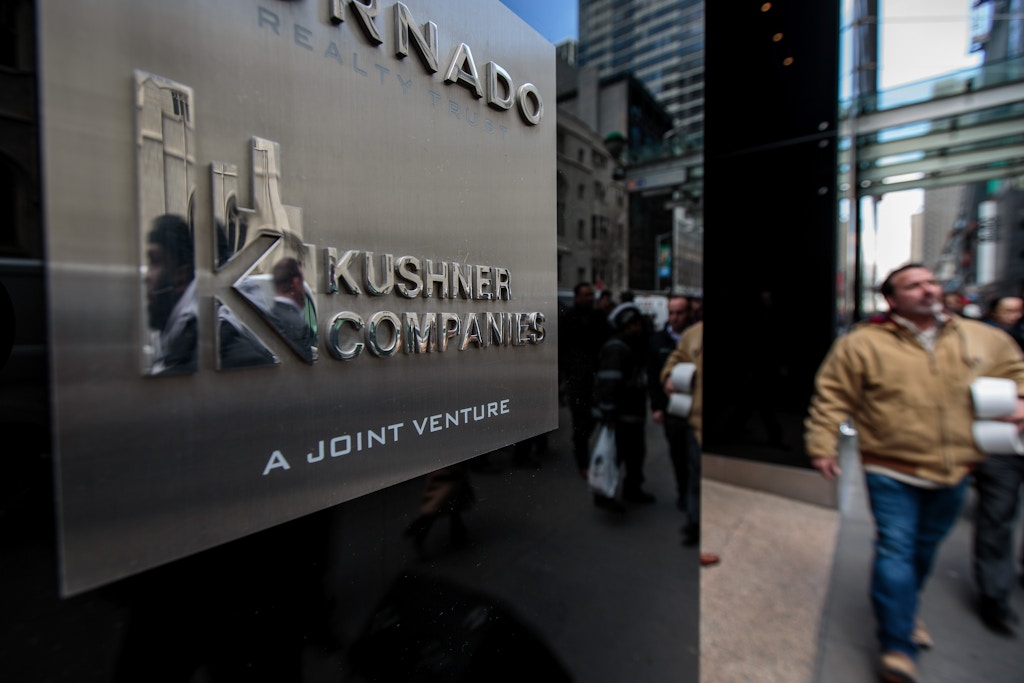NEW YORK, NY - MARCH 6: A Kushner Companies logo is visible near an entrance to the Kushner Companies' flagship property 666 Fifth Avenue in Midtown Manhattan, March 6, 2018 in New York City. Kushner Companies, run by the family of White House senior adviser Jared Kushner, has been trying to raise funds for their $1.2 billion dollar mortgage on the building that is due in February 2019. The Kushners bought the property for $1.8 billion in 2006. Many real estate analysts say that they Kushners vastly overpaid for the property. (Photo by Drew Angerer/Getty Images)