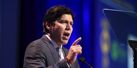 FILE - In this Feb. 24, 2018, file photo, U.S. Senate candidate, Senate President Pro Tem Kevin de Leon, D- Los Angeles, speaks at the 2018 California Democrats State Convention in San Diego. Democratic officials in some high-tax states are pushing legislation that would retain a federal tax break for state and local taxes, a deduction that was capped in the recent GOP tax overhaul. De Leon said the state budget would take a big hit if wealthier residents flee California because they pay the bulk of the taxes. (AP Photo/Denis Poroy, File)