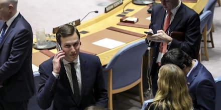 NEW YORK, NY - FEBRUARY 20: White House Senior Advisor Jared Kushner talks on his cell phone before the start of a United Nations Security Council concerning meeting concerning issues in the Middle East, at UN headquarters, February 20, 2018 in New York City. (Photo by Drew Angerer/Getty Images)