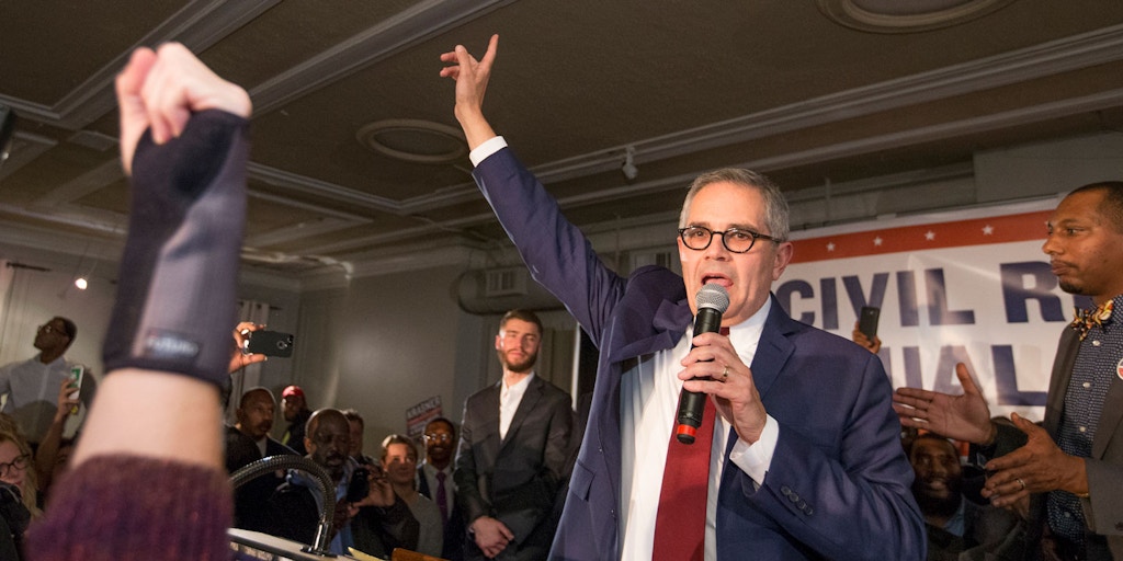 Democratic nominee Larry Krasner takes the stage after winning the election to be the next Philadelphia District Attorney in Philadelphia, Tuesday, Nov. 7, 2017. (Charles Fox/The Philadelphia Inquirer via AP)