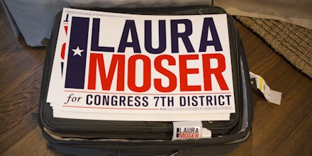 HOUSTON, TX -- MAY 22, 2017: Laura Moser's campaign signs on a bag in her home in Houston, Monday May 22, 2017.  Moser is returning to Houston from Washington where her husband worked for the Obama Whitehouse, and is starting her effort to run for the 7th Congressional District in Texas currently occupied by Republican John Culberson. (Photo by Michael Stravato/For the Washington Post)