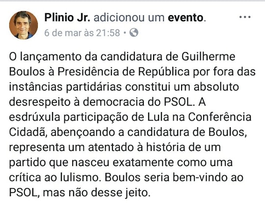 Plínio Jr., pré-candidato do PSOL, critica a aliança Lula e Boulos