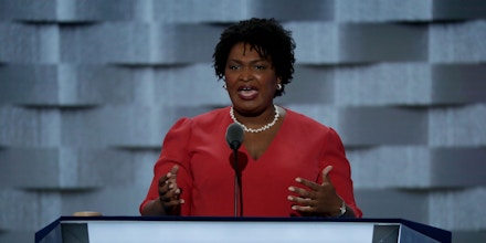 PHILADELPHIA, PA - JULY 25: House Minority Leader for the Georgia General Assembly and State Representative, Stacey Abrams delivers a speech on the first day of the Democratic National Convention at the Wells Fargo Center, July 25, 2016 in Philadelphia, Pennsylvania. An estimated 50,000 people are expected in Philadelphia, including hundreds of protesters and members of the media. The four-day Democratic National Convention kicked off July 25. (Photo by Alex Wong/Getty Images)