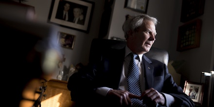 Rep. Walter Jones, R-N.C. poses for a portrait in his office on Capitol Hill, Wednesday, Oct. 25, 2017, in Washington. As President Trump argued about what he said to the family of a soldier killed in Niger, a North Carolina congressman was quietly doing what he's done more than 11,000 times: signing a condolence letter to that family and others. Republican Rep. Walter Jones began signing the letters to families in 2003 as penance for his 2002 vote supporting war in Iraq. (AP Photo/Andrew Harnik)