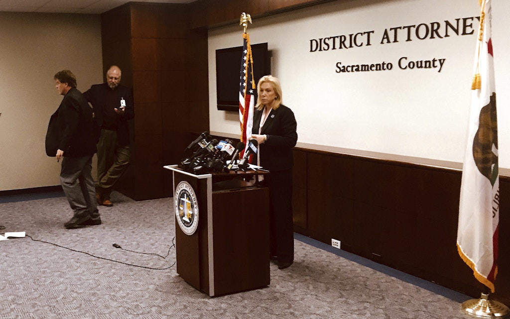 Sacramento County District Attorney Anne Marie Schubert speaks during a news conference Wednesday, April 18, 2018, in Sacramento, Calif. The Northern California prosecutor says it may be more than a year before her office decides if two police officers broke the law when they fatally shot a black man who was later found to be unarmed. She went on to say that her office doesn't yet have the Sacramento police report into last month's death of 22-year-old Stephon Clark. (AP Photo/Don Thompson)