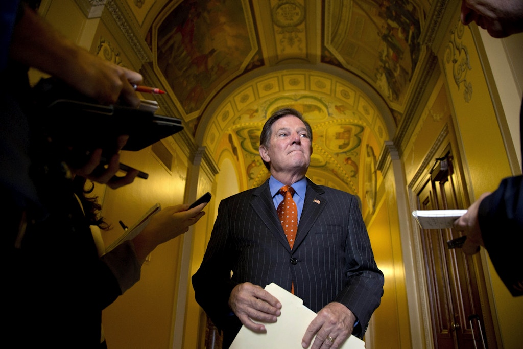 Former House Majority Leader Tom DeLay pauses to listen to a question as he talks to reporters as he leaves a lunch meeting on Capitol Hill, Thursday, Sept. 19, 2013 in Washington. A Texas appeals court tossed the criminal conviction of DeLay on Thursday, Sept. 19, 2013, saying there was insufficient evidence for a jury in 2010 to have found him guilty of illegally funneling money to Republican candidates.  (AP Photo/Carolyn Kaster)