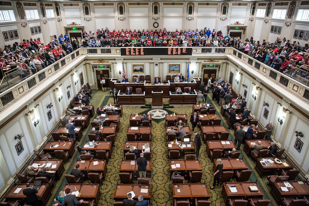 Teachers and demonstrators sit in the upstairs gallery inside the Oklahoma State Capitol building in Oklahoma City, Oklahoma, U.S., on Tuesday, April 3, 2018. Hundreds of teachers crowded into the Oklahoma Capitol for a second day Tuesday to press demands for additional funding for the state's public schools. Photographer: Scott Heins/Bloomberg via Getty Images