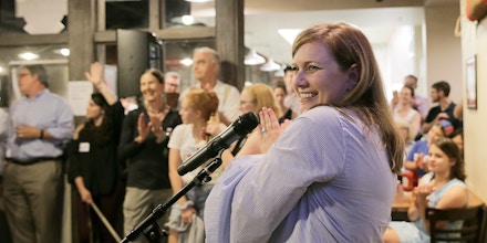 Lizzie Pannill Fletcher's election night party at Buffalo Grill on Tuesday, May 22, 2018 in Houston. Fletcher is in a runoff to be the democratic candidate for Texas' seventh congressional district against Laura Moser. (Elizabeth Conley/Houston Chronicle via AP)